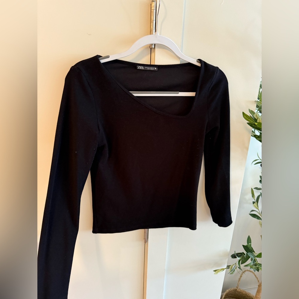 Zara Black Asymmetrical Neckline Long Sleeve Top